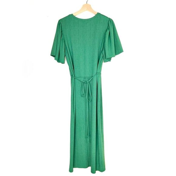 ZARA Flutter Sleeve Belted A Line Midi Dress Womens Medium Kelly Green Textured - Picture 5 of 6